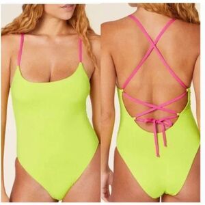 NEW Andie The Fiji One Piece Swimsuit Strappy Colorblock Neon Lime Size XXXL